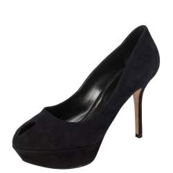 Sergio Rossi Navy Blue Suede Peep Toe Platform Pumps Size 38.5