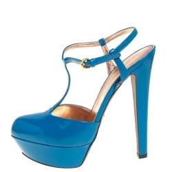 مملوكة مسبقًا Sergio Rossi Blue Patent Leather T-Strap Platform Sandals Size 39