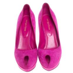 Pre Owned Sergio Rossi Magenta Suede Peep Toe Platform Pumps Size 38.5