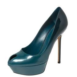 Pre Owned Sergio Rossi Blue Patent Leather Peep Toe Platform Pumps Size 39