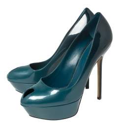 Pre Owned Sergio Rossi Blue Patent Leather Peep Toe Platform Pumps Size 39