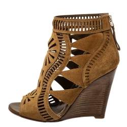 Sergio Rossi Brown Laser Cut Suede Open Toe Booties Size 36