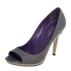Pre Owned Sergio Rossi Grey Python Leather Peep Toe Pumps Size 37.5