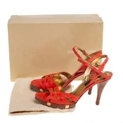 Sergio Rossi Orange Croc Embossed Leather Ankle Strap Sandals Size 37.5