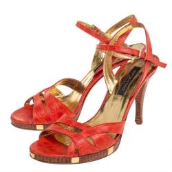 Sergio Rossi Orange Croc Embossed Leather Ankle Strap Sandals Size 37.5