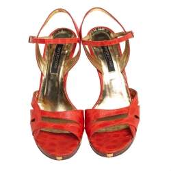 Sergio Rossi Orange Croc Embossed Leather Ankle Strap Sandals Size 37.5