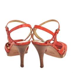 Sergio Rossi Orange Croc Embossed Leather Ankle Strap Sandals Size 37.5