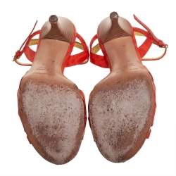 Sergio Rossi Orange Croc Embossed Leather Ankle Strap Sandals Size 37.5