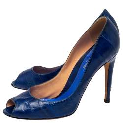 Sergio Rossi Blue Eel Leather Peep Toe Pumps Size 39.5