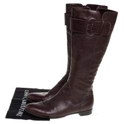 Pre Owned Sergio Rossi Brown Leather Bucke Embellished Mid Calf Boots Size 39.5