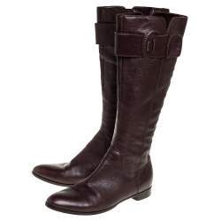 Pre Owned Sergio Rossi Brown Leather Bucke Embellished Mid Calf Boots Size 39.5