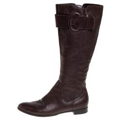 Pre Owned Sergio Rossi Brown Leather Bucke Embellished Mid Calf Boots Size 39.5