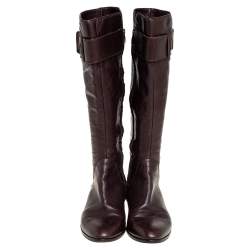 Pre Owned Sergio Rossi Brown Leather Bucke Embellished Mid Calf Boots Size 39.5
