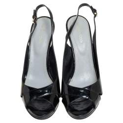 Pre Owned صندل سيرجيو روسي جلد لامع أسود فتحة كعب نعل سميك مقاس 39  