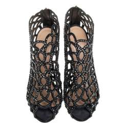 Pre Owned Sergio Rossi Black Suede Crystal Embellished Scalloped Peep Toe Caged Booties Size 38.5