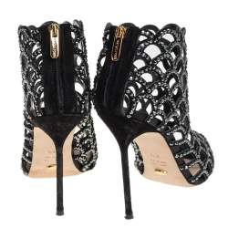 Pre Owned Sergio Rossi Black Suede Crystal Embellished Scalloped Peep Toe Caged Booties Size 38.5