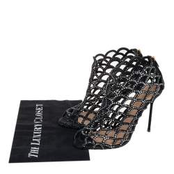 Pre Owned Sergio Rossi Black Suede Crystal Embellished Scalloped Peep Toe Caged Booties Size 38.5