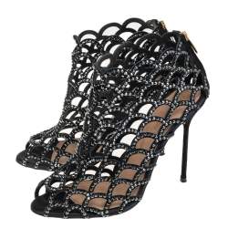 Pre Owned Sergio Rossi Black Suede Crystal Embellished Scalloped Peep Toe Caged Booties Size 38.5