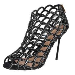 Pre Owned Sergio Rossi Black Suede Crystal Embellished Scalloped Peep Toe Caged Booties Size 38.5