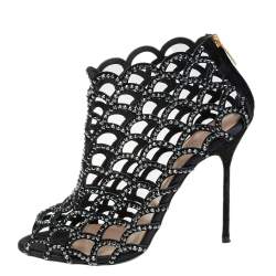 Pre Owned Sergio Rossi Black Suede Crystal Embellished Scalloped Peep Toe Caged Booties Size 38.5