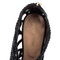 Pre Owned Sergio Rossi Black Suede Crystal Embellished Scalloped Peep Toe Caged Booties Size 38.5