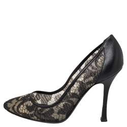 Pre Owned Sergio Rossi Black Lace And Leather Pumps Size 39