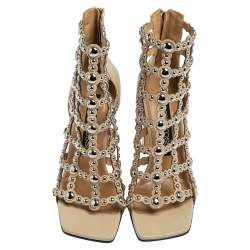 Pre Owned Sergio Rossi Beige Leather Studded Caged Ankle Length Sandals Size 39
