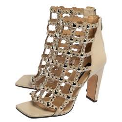 Pre Owned Sergio Rossi Beige Leather Studded Caged Ankle Length Sandals Size 39