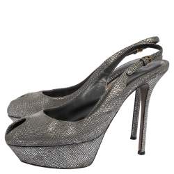 Sergio Rossi Grey/Silver Suede Cachet Peep Toe Platform Slingback Sandals Size 37.5