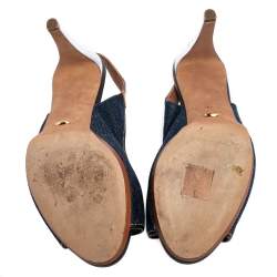 Pre Owned Sergio Rossi Brown/Blue Denim and Leather Peep Toe Slingback Sandals Size 40