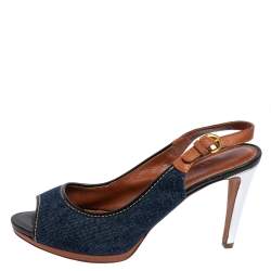 Pre Owned Sergio Rossi Brown/Blue Denim and Leather Peep Toe Slingback Sandals Size 40