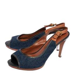 Pre Owned Sergio Rossi Brown/Blue Denim and Leather Peep Toe Slingback Sandals Size 40