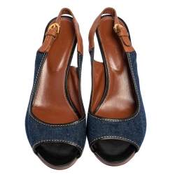 Pre Owned Sergio Rossi Brown/Blue Denim and Leather Peep Toe Slingback Sandals Size 40