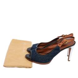 Pre Owned Sergio Rossi Brown/Blue Denim and Leather Peep Toe Slingback Sandals Size 40