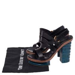 مملوكة مسبقًا صندل سيرجيو روسي جلد أسود كعب سميك نعل سميك فتحة كعب مقاس 37