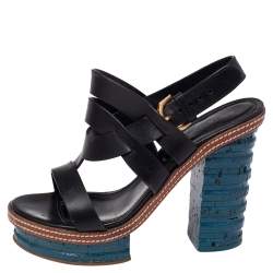 مملوكة مسبقًا صندل سيرجيو روسي جلد أسود كعب سميك نعل سميك فتحة كعب مقاس 37