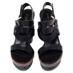 مملوكة مسبقًا صندل سيرجيو روسي جلد أسود كعب سميك نعل سميك فتحة كعب مقاس 37