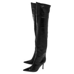 Pre Owned Sergio Rossi Black Leather Pointed Toe Thigh High Boots Size 37
