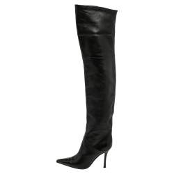 Pre Owned Sergio Rossi Black Leather Pointed Toe Thigh High Boots Size 37