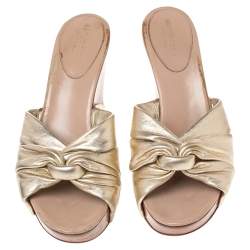 Pre Owned Sergio Rossi Metallic Gold Leather Wedge Slide Sandals Size 40