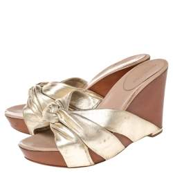 Pre Owned Sergio Rossi Metallic Gold Leather Wedge Slide Sandals Size 40