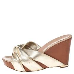 Pre Owned Sergio Rossi Metallic Gold Leather Wedge Slide Sandals Size 40