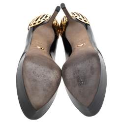 Pre Owned Sergio Rossi Black Patent Leather Butterfly Plaque Platform Pumps Size 37.5