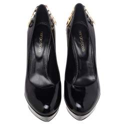 Pre Owned Sergio Rossi Black Patent Leather Butterfly Plaque Platform Pumps Size 37.5