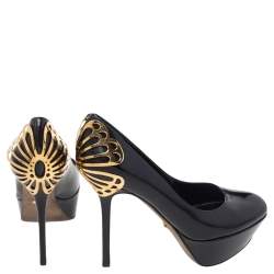 Pre Owned Sergio Rossi Black Patent Leather Butterfly Plaque Platform Pumps Size 37.5