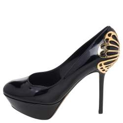 Pre Owned Sergio Rossi Black Patent Leather Butterfly Plaque Platform Pumps Size 37.5
