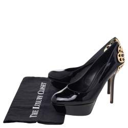 Pre Owned Sergio Rossi Black Patent Leather Butterfly Plaque Platform Pumps Size 37.5