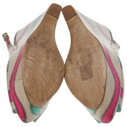 Sergio Rossi Multicolor Stitch Leather Platform Slingback Wedge Sandals Size 39