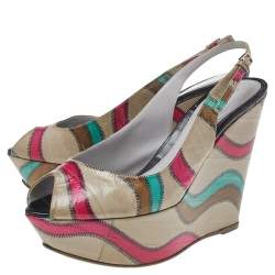 Sergio Rossi Multicolor Stitch Leather Platform Slingback Wedge Sandals Size 39