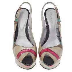 Sergio Rossi Multicolor Stitch Leather Platform Slingback Wedge Sandals Size 39